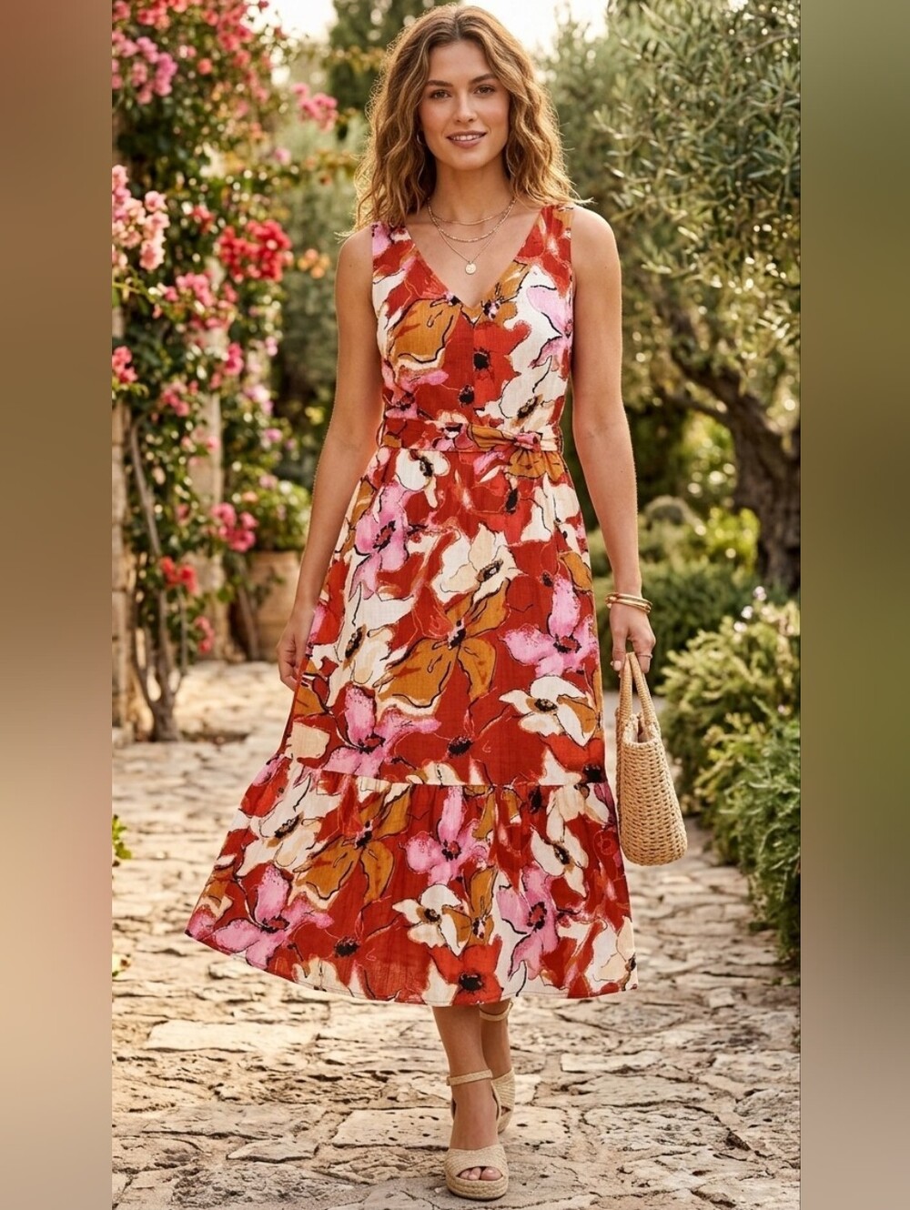 Nine West Sun Dress Floral Linen Blend Medium Sleeveless V-Neck Boho Midi Summer